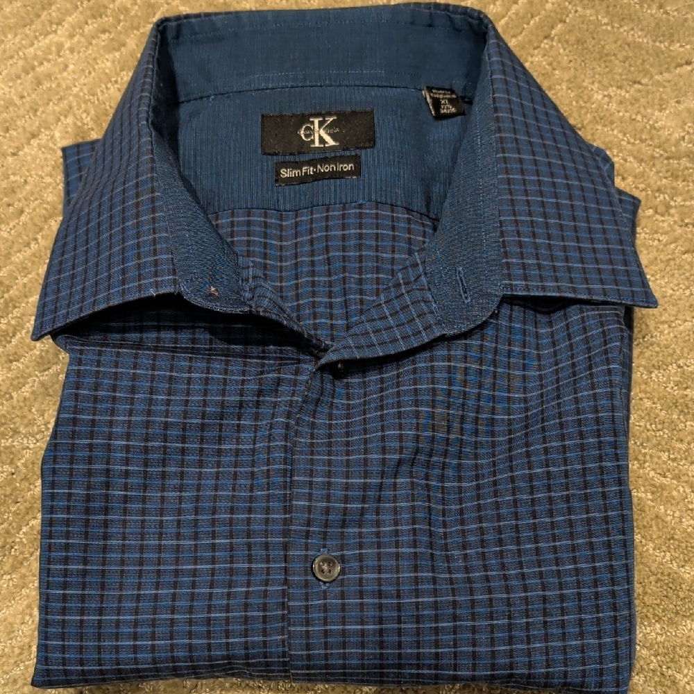 Calvin Klein Men's Navy and Black Plaid Shirt